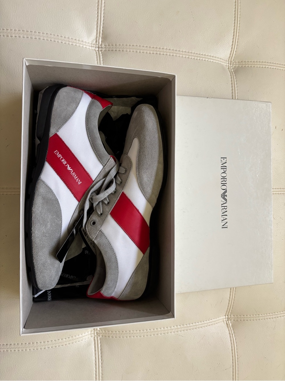Emporio Armani Men's Gray, White & Red Low-Top Sneakers